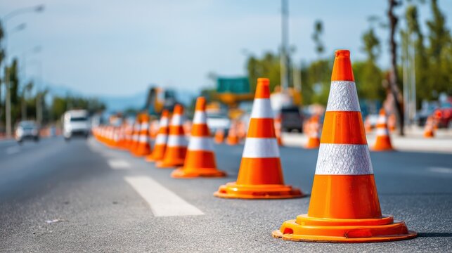 Orange traffic cones line a road, indicating construction or a lane closure on a sunny day.