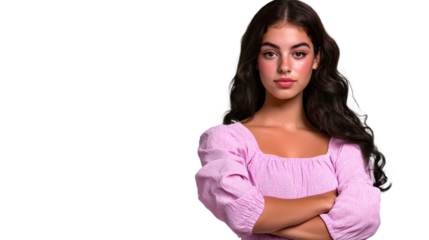 Serious young Hispanic woman in pink blouse, arms crossed, cut out transparent