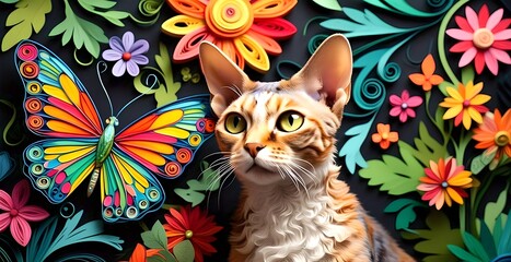 Devon Rex cat with a colorful butterfly and the fresh garden in quilling paper style.