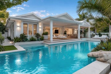 a modern house with a pool in the Gold Coast, shot from the front yard perspective