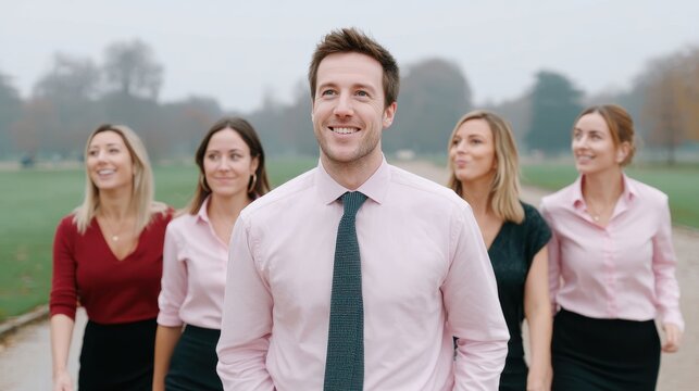 A confident man leads a group of smiling women, showcasing teamwork and professionalism in a park setting
