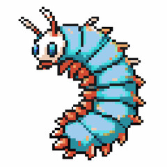colorful pixel art caterpillar character with expressive eyes and segmented body retro video game with blue and red details