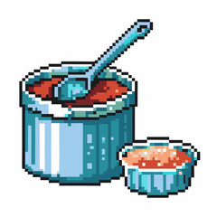 Retro pixel art two blue pots with red sauce and spoon, nostalgic gaming icon