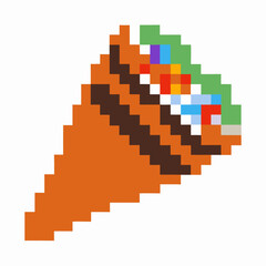 Pixelated taco illustration retro gaming art, isolated on white, vibrant colors, digital food depiction