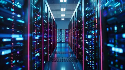 Explore a high-tech data center filled with advanced server racks. The vibrant lighting enhances the modernity of IT infrastructure and digital processing. - Powered by Adobe