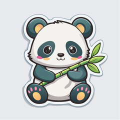 Kawaii Panda Sticker Sitting with Bamboo and Smiling Cartoon Face