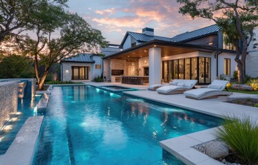 A stunning modern mansion with an outdoor pool and waterfall, featuring blue lighting