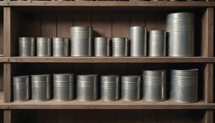 Organized Rows of Metal Cans on Wooden Storage Shelves