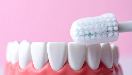 Fototapeta premium Dental hygiene concept. Toothbrush cleaning a set of perfect white teeth. Illustration for healthcare, dentistry, wellness, and lifestyle topics. Pink backdrop.