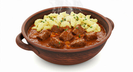 Fototapeta premium Hungarian goulash with beef and paprika sauce in bowl on white background.