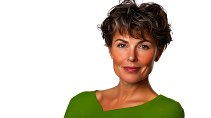 Woman with short gray hair smiling in green top, cut out transparent