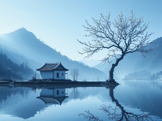 Fototapeta premium Serene Mountain Lake with Traditional House and Blossoming Tree