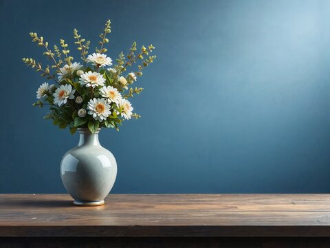 Vase with White Flowers on Wooden Table Against Blue Background
