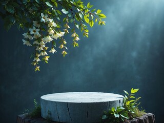 Serene Nature Scene with White Flowers and Stone Pedestal