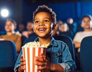 Child enjoying popcorn at movie theatre