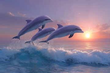 Three dolphins leaping over ocean wave at sunset