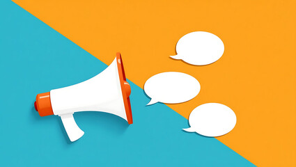 Modern Minimalist Illustration of Megaphone and Speech Bubbles on Bold Blue and Orange Split Background – Digital Communication Concept
