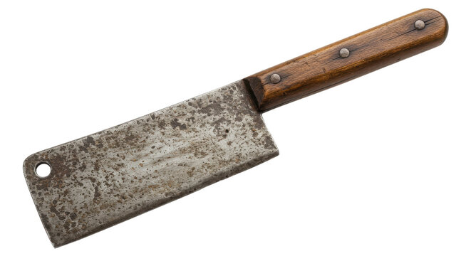 Rusty Old Butcher Meat Cleaver with Wooden Handle Isolated Product Shot on White Background