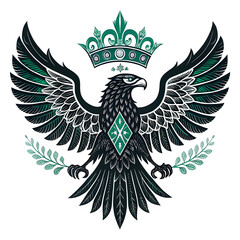 Fototapeta premium Stylized Turul Falcon in Flight – Crown-Winged Black Silhouette on Emerald Background