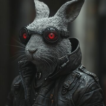 Stylish Gray Rabbit in Leather Jacket with Red Goggles Anthropomorphic Animal Portrait