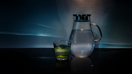 Glass Pitcher and Tumbler with Water and Reflections on a Dark Background
Minimalist still life with a glass jug and a drinking glass on a reflective surface. Dramatic lighting creates artistic shadow