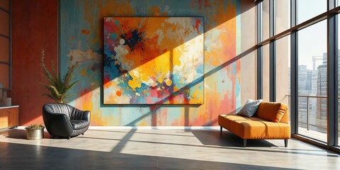 Modern Living Room with Abstract Art and City View
