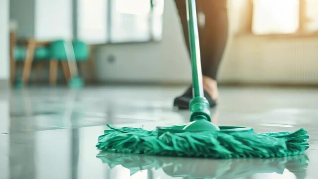 A dedicated worker mops the shining floor of a bright modern office, ensuring cleanliness and hygiene. The scene captures a professional approach to workplace maintenance.