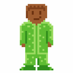 Pixel art character in green outfit, retro 8 bit design game avatar concept