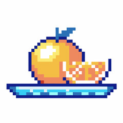 Obraz premium Pixel art fruit blue plate holds orange and sliced fruit retro digital style, nostalgic design, bright color palette