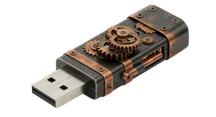 Steampunk USB flash drive with copper gears isolated on white background