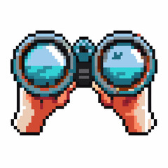 Fototapeta premium pixel art binoculars hands holding, retro gaming aesthetic exploration and discovery tool