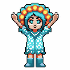 Pixel art character in blue outfit with flower crown, arms raised, cheerful expression