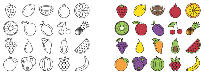 set of colorful fruits and line art vector illustration 