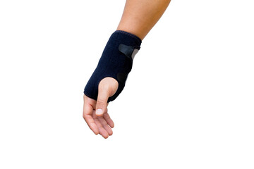 Wrist wearing a wrist support brace for injury recovery or pain relief. Orthopedic healthcare concept,Wrist inflammation, physiotherapy, rehabilitation treatment. isolated on transparent background