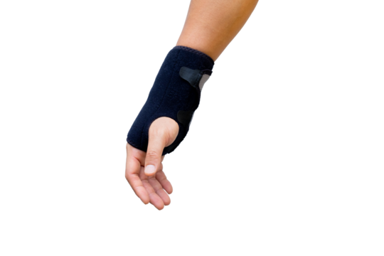 Wrist wearing a wrist support brace for injury recovery or pain relief. Orthopedic healthcare concept,Wrist inflammation, physiotherapy, rehabilitation treatment. isolated on transparent background - Powered by Adobe