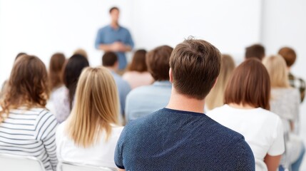 Fototapeta premium A diverse group of individuals attentively listening to a speaker in a modern seminar room, showcasing engagement and learning in a professional environment.