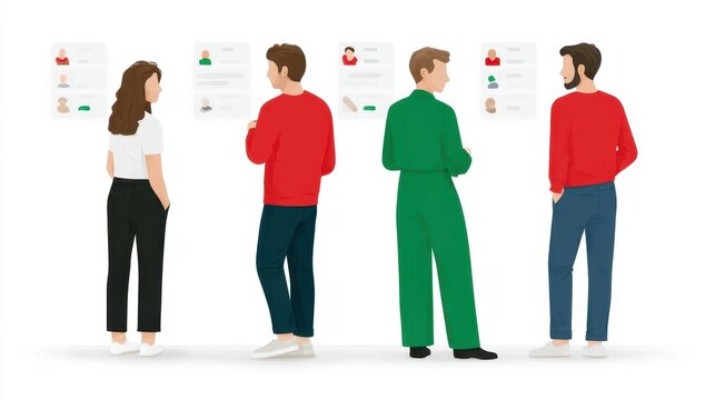 A diverse group of individuals engaged in a creative brainstorming session, standing in front of informative posters. The atmosphere is collaborative and focused on innovation.