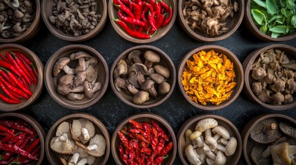 Assortment Of Spices And Herbs In Wooden Bowls