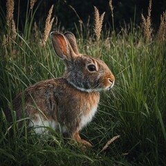 Fototapeta premium Rabbit Hiding Behind Tall Grass.