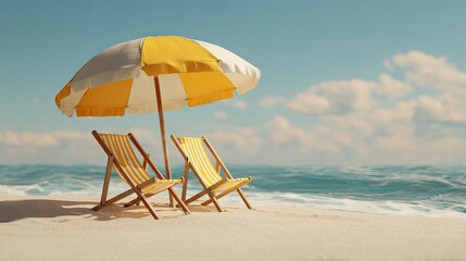 Scenic beach umbrella and two lounge chairs on golden sand with soft ocean backdrop under natural sunlight