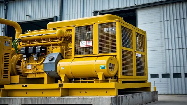 Large industrial yellow generator outside metal building for backup electricity supply