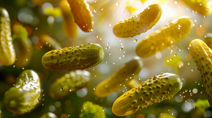 Dynamic composition of multiple pickles suspended in mid-air, illuminated by warm sunlight with floating seasoning particles. The vibrant colors and dramatic lighting create food concept.