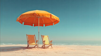 Scenic beach umbrella and two lounge chairs on golden sand with soft ocean backdrop under natural sunlight