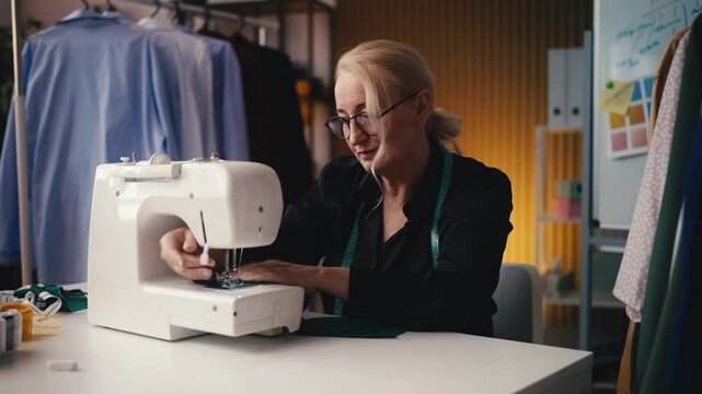 Middle-aged woman tailor working on sewing machine, creating custom clothes