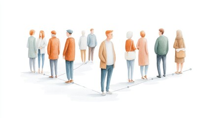 A diverse group of people standing in a line, showcasing various outfits and postures, emphasizing themes of individuality and connection in a minimalist setting.