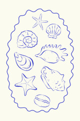 Trendy nautical card in retro sketch style on white background. Blue rough ink lines. Seashells in circle whimsical frame. Perfect for background, poster, cover, label, print