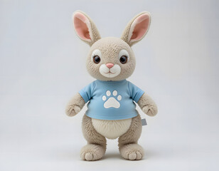 Obraz premium An adorable cuddly rabbit toy, a lovable plushie, dressed in a blue paw print shirt on a clean white background.
