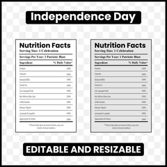 Independence Day Nutrition Facts
4th of July nutrition label
Patriotic nutrition facts
America nutrition label
Independence Day label design
Funny July 4th label
Mock nutrition facts
USA celebration 