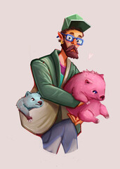 Illustration of a man wearing glasses holding wombats in his arms.