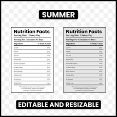 summer nutrition facts
Summer label design
Summer infographic
Funny nutrition label
Seasonal nutrition facts
Summer facts label
Vacation nutrition label
Beach day nutrition facts










